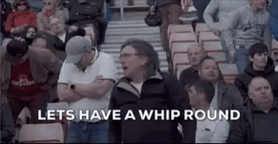 A Crowd Of People Sitting In A Stadium With The Words `` Let 'S Have A Whip Round '' Written On The Screen . GIF