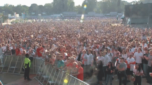 A Crowd Of People Standing In Front Of A Fence At A Festival GIF
