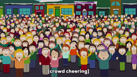 A Crowd Of People Standing In Front Of A Row Of Houses With The Words Crowd Cheering Written Below Them GIF