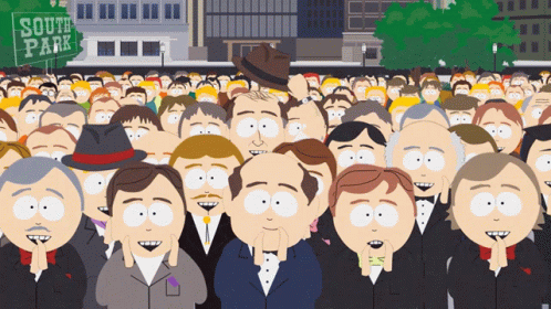 A Crowd Of People Standing In Front Of A South Park Sign GIF