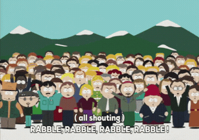 A Crowd Of People Standing In Front Of Mountains With The Words All Shouting Rabble Rabble Rabble Rabble On The Bottom GIF