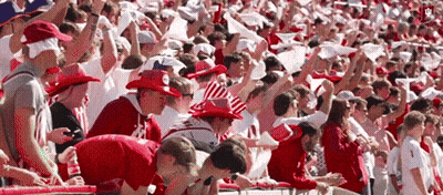 A Crowd Of People Wearing Red And White Striped Hats Are Sitting In A Stadium GIF
