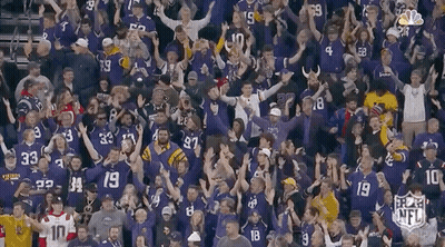 A Crowd Of People Wearing Vikings Jerseys Are Watching A Football Game GIF