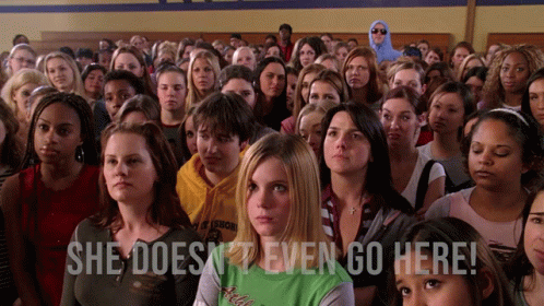 A Crowd Of People With The Words She Does N't Even Go Here Written On The Bottom GIF