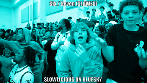 A Crowd Of People With The Words Six / Seven Slowed Slowlicious On Bluesky Below Them GIF