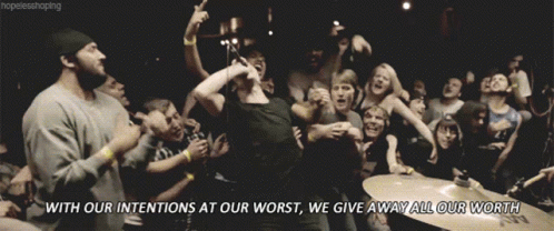 A Crowd Of People With The Words With Our Intentions At Our Worst GIF
