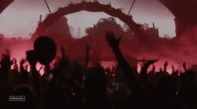 A Crowd Of People With Their Hands In The Air And A Sign That Says Stagemac GIF