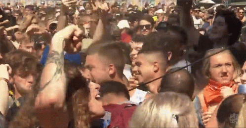 A Crowd Of People With Their Hands In The Air At A Concert . GIF