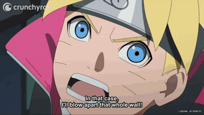 A Crunchyroll Advertisement With A Cartoon Character Saying " In That Case I 'Ll Blow Apart That Whole Wall ! " GIF