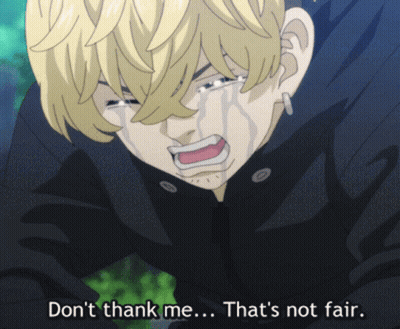 A Crying Anime Character With The Words " Don 'T Thank Me ... That 'S Not Fair " Below Him GIF