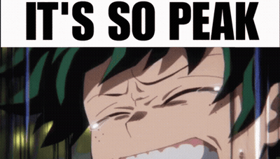 a crying anime character with the words " it 's so peak " behind him