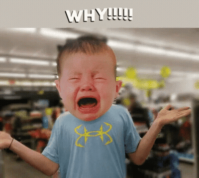 A Crying Baby Wearing A Blue Under Armour Shirt Says Why !!! GIF