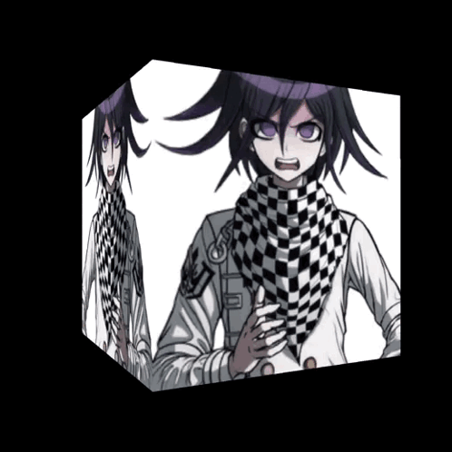 A Cube With A Picture Of A Boy With Purple Hair And A Checkered Scarf GIF