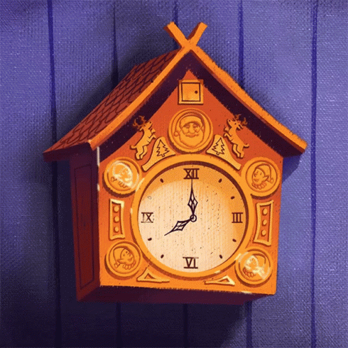 A Cuckoo Clock With Roman Numerals And A Picture Of Santa Claus On It GIF