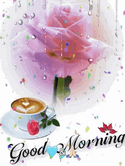 A Cup Of Coffee And A Pink Rose With The Words Good Morning Written Below It GIF