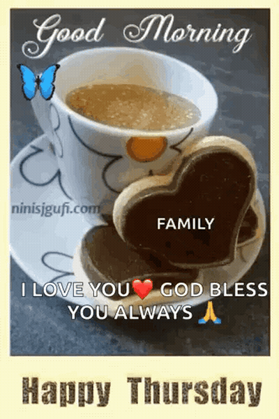 A Cup Of Coffee And Two Heart Shaped Cookies On A Saucer With A Good Morning Message . GIF