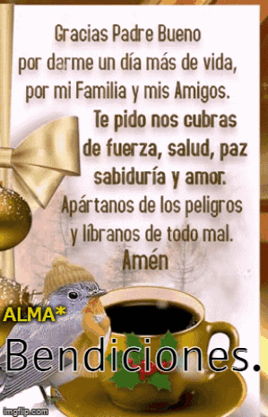 A Cup Of Coffee Is On A Saucer Next To A Bird And A Sign That Says Bendiciones GIF