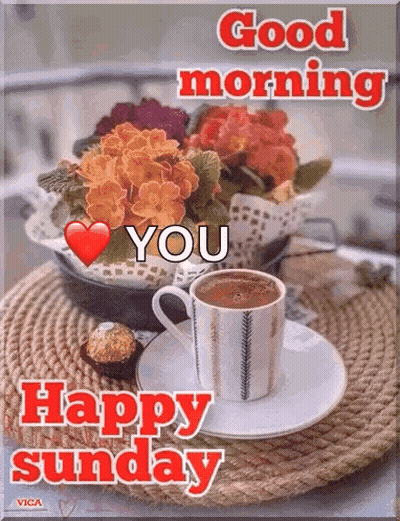 A Cup Of Coffee Is On A Saucer Next To A Bowl Of Flowers And A Heart . GIF