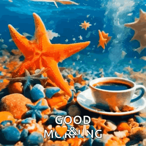 A Cup Of Coffee Is Sitting On A Saucer Next To A Starfish On A Beach . GIF