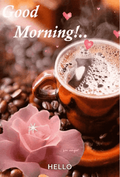 A Cup Of Coffee Is Surrounded By Coffee Beans And A Rose GIF