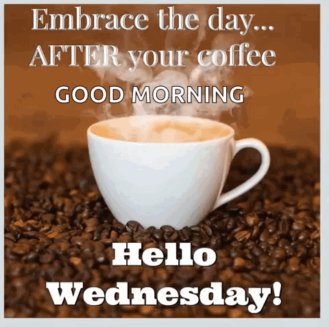 A Cup Of Coffee Is Surrounded By Coffee Beans And Says " Embrace The Day After Your Coffee Good Morning " GIF