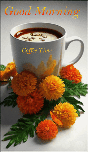 A Cup Of Coffee Is Surrounded By Flowers And Says Good Morning GIF