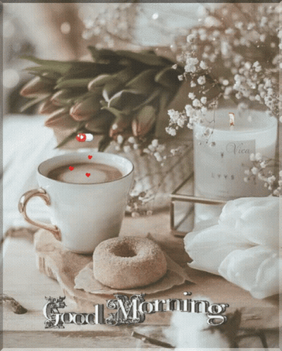 A Cup Of Coffee Next To A Donut And A Candle With The Words Good Morning GIF