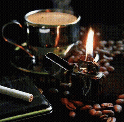 A Cup Of Coffee Next To A Lighter And A Cigarette With The Words Good Morning On The Bottom GIF