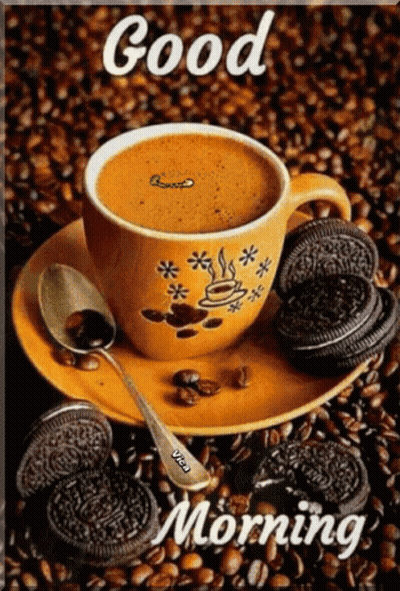 A Cup Of Coffee On A Saucer Surrounded By Coffee Beans With The Words Good Morning Below It GIF