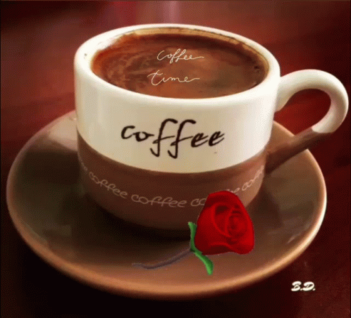 A Cup Of Coffee On A Saucer That Says " Coffee Time " GIF