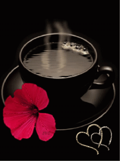 A Cup Of Coffee On A Saucer With A Flower And Two Hearts GIF