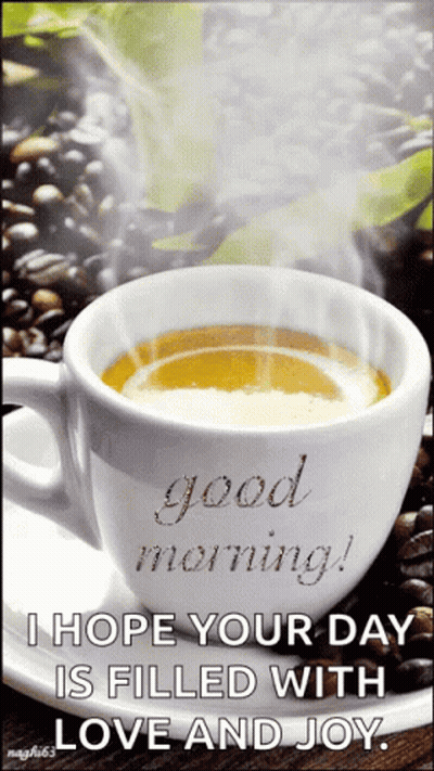 A Cup Of Coffee On A Saucer With A Good Morning Message GIF