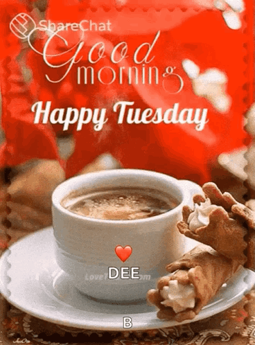 A Cup Of Coffee On A Saucer With A Happy Tuesday Message On It GIF