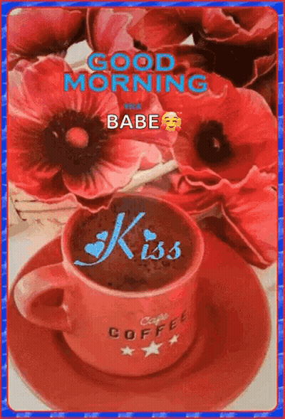 A Cup Of Coffee On A Saucer With Flowers In The Background And A Good Morning Message . GIF