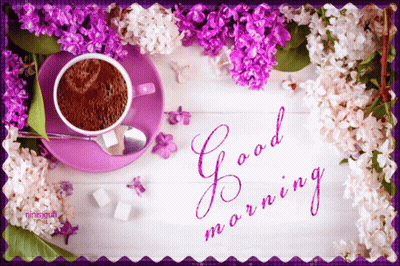 A Cup Of Coffee On A Saucer With Purple Flowers And The Words Good Morning Written On It GIF