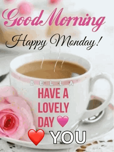 A Cup Of Coffee On A Saucer With Roses And The Words `` Good Morning Happy Monday ! `` GIF