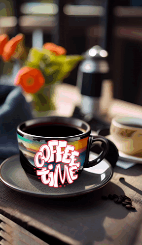 A Cup Of Coffee On A Saucer With The Words Coffee Time On It GIF
