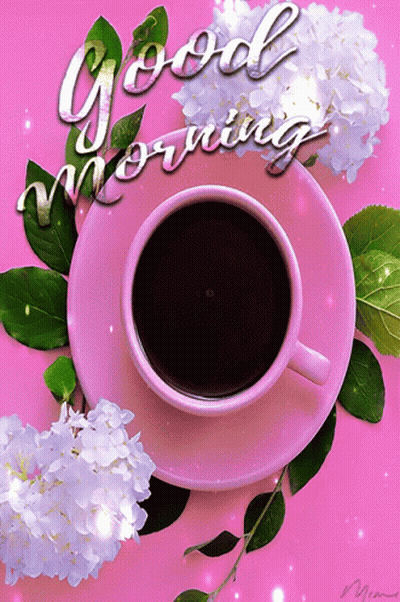 A Cup Of Coffee On A Saucer With The Words Good Morning GIF