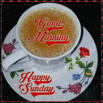 A Cup Of Coffee On A Saucer With The Words Good Morning And Happy Sunday GIF