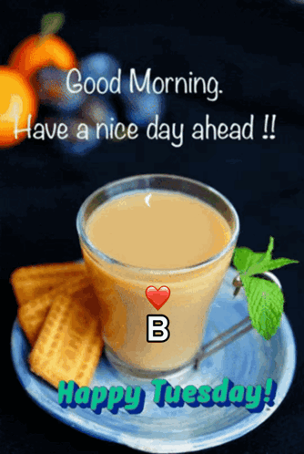 A Cup Of Coffee On A Saucer With The Words Good Morning Have A Nice Day Ahead And Happy Tuesday GIF
