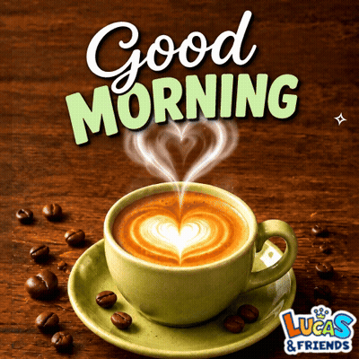 a cup of coffee on a saucer with the words good morning lucas & friends above it
