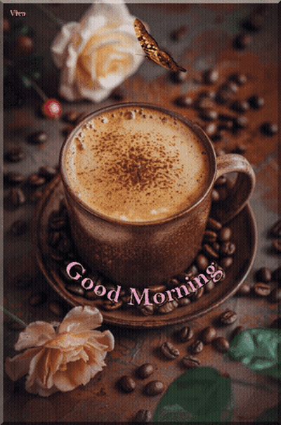A Cup Of Coffee On A Saucer With The Words Good Morning On It GIF