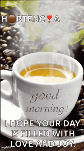 A Cup Of Coffee On A Saucer With The Words " Good Morning " On It GIF