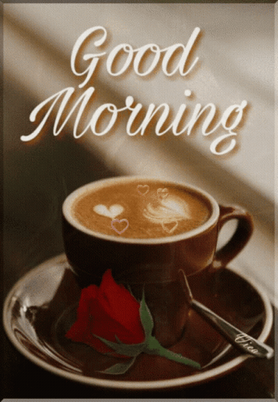 A Cup Of Coffee On A Saucer With The Words Good Morning Written On It GIF