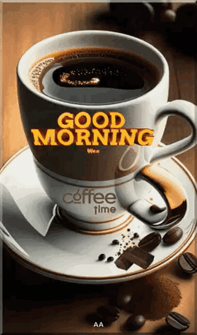 A Cup Of Coffee On A Saucer With The Words `` Good Morning '' Written On It GIF