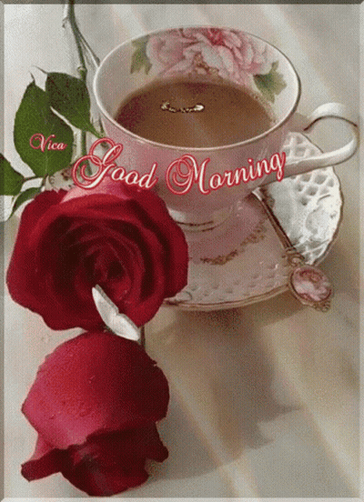 A Cup Of Coffee On A Saucer With The Words Good Morning Written On The Top GIF