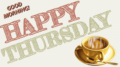 A Cup Of Coffee On A Saucer With The Words Happy Thursday GIF