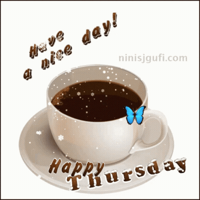A Cup Of Coffee On A Saucer With The Words Happy Thursday On The Bottom GIF