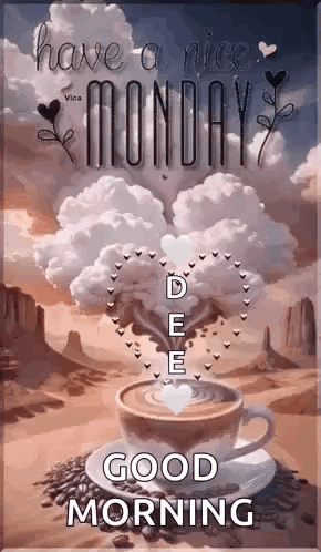 A Cup Of Coffee On A Saucer With The Words `` Have A Nice Monday '' Written On It . GIF