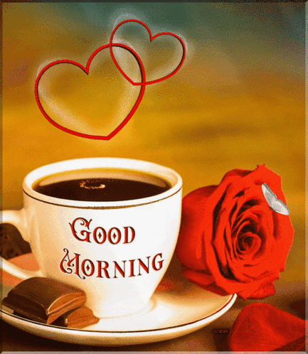 A Cup Of Coffee Says Good Morning Next To A Red Rose GIF